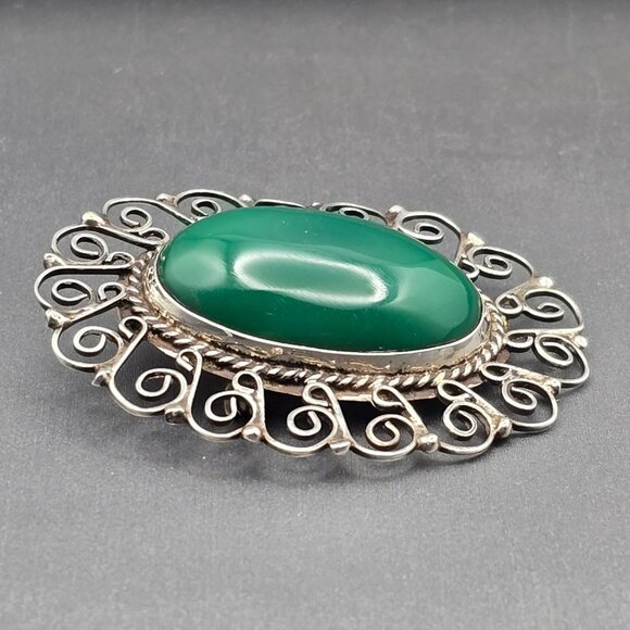 VTG EME 83 Sterling Silver 925 Green Onyx Filigree Brooch Pendant 2" Mexico - Picture 4 of 9